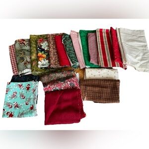 Quilting Fabric Remnants Bundle Lot Green Red Blue Brown Holiday Cotton